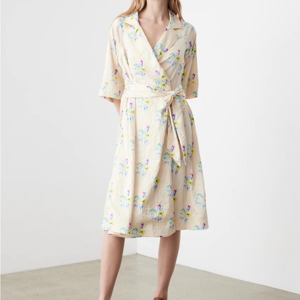 GANNI Floral Crinkled Satin Wrap Dress in Floral Rutabaga